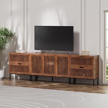 Farmhouse TV Stand for TVs up to 100 inch, 3 in 1 Entertainment Center TV Console with Storage Cabinets and Metal Base,Brown Media Console for Living Room Brown