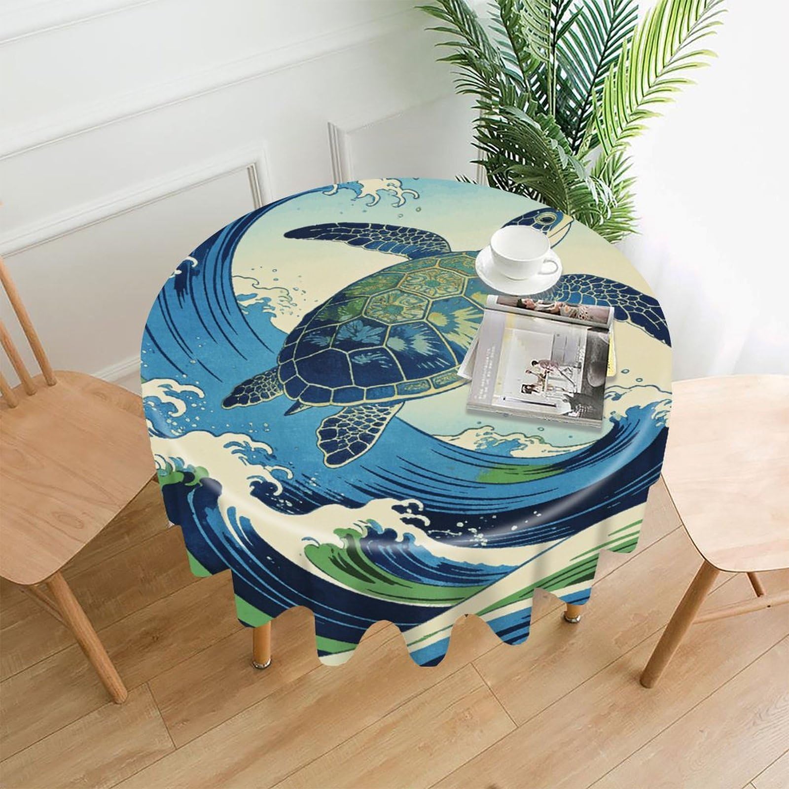 LZQPOEAS Japanese Waves and Turtles Tablecloth Easy to Clean Polyester Round Table Cover Washable Round Table Cloth Wrinkle-Free Circle Decoration Tablecloth for Kitchen and Dining Room 60"