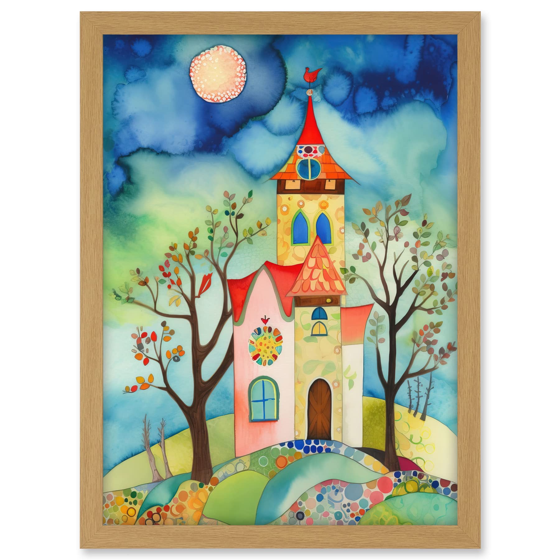 Artery8 Countryside Chapel Folk Art Watercolour Painting Artwork Framed A3 Wall Art Print