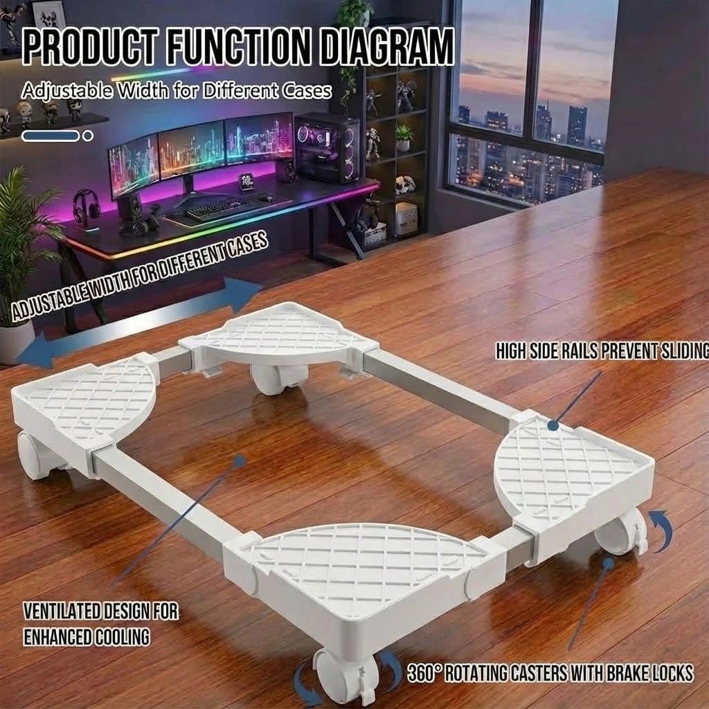 Soporte para Pc, Soporte para Pc Debajo del Escritorio, Soporte Universal Ajustable, Móvil,con 4 Ruedas-2 Ruedas Giratorias Bloqueables-Blanco Hueco