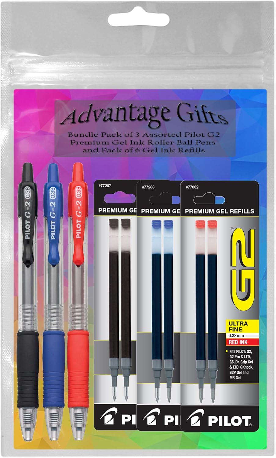 G2 Premium Refillable & Retractable Rolling Ball Gel Pens with Refills, Ultra Fine Point, Black Blue Red Ink, 6 Count Bundle with Plastic Pouch