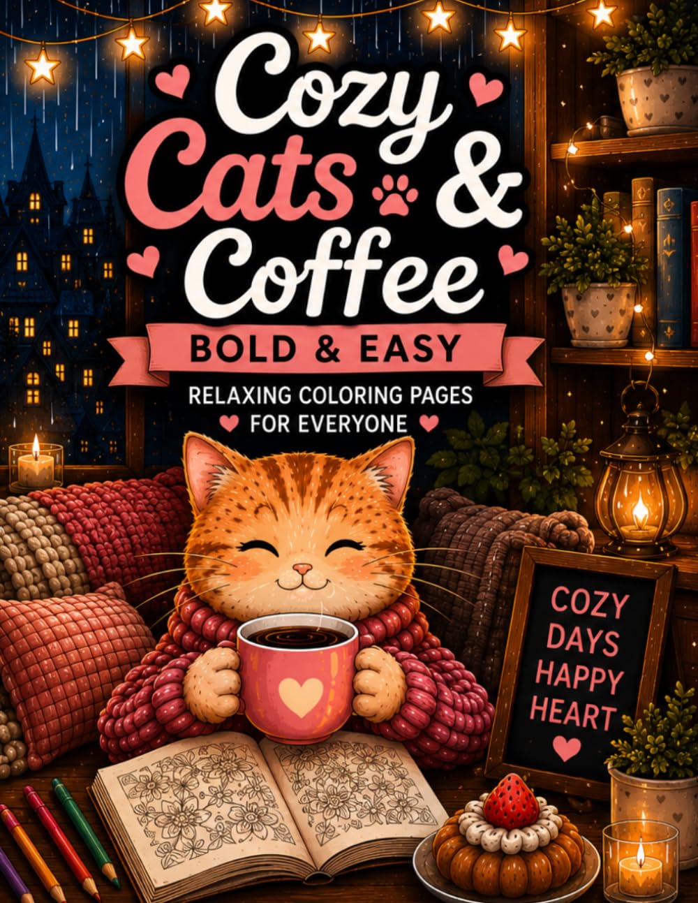 cozy cat café and coffeé: Bold & Easy Relaxing Coloring Pages for Everyone