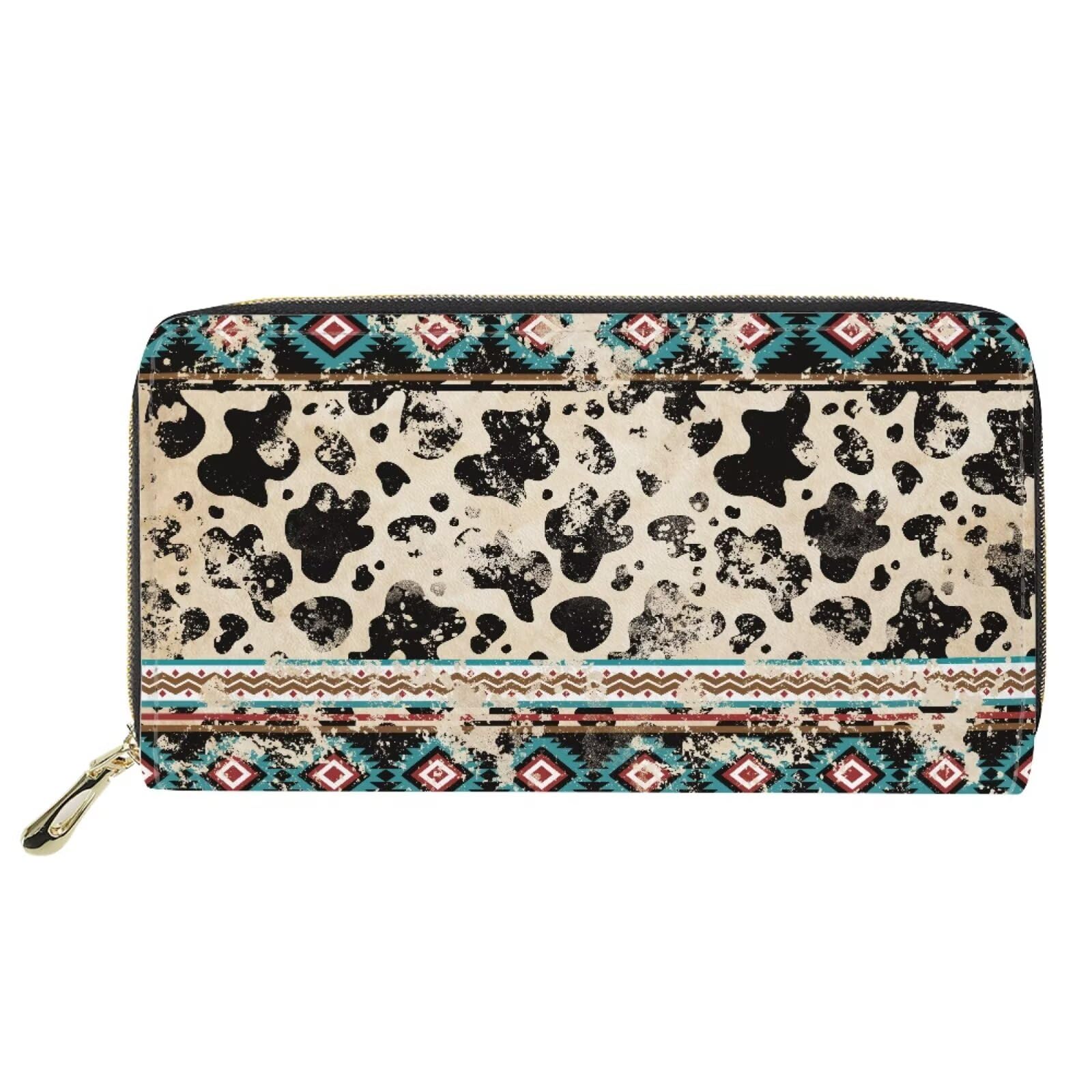 JOAIFO Womens Wallet Leather Boho Purses for Women Cow Print Wallets with Coin Pocket 4 Card Slots Zipper Wallet Card Holder Organizer for Teen Girls