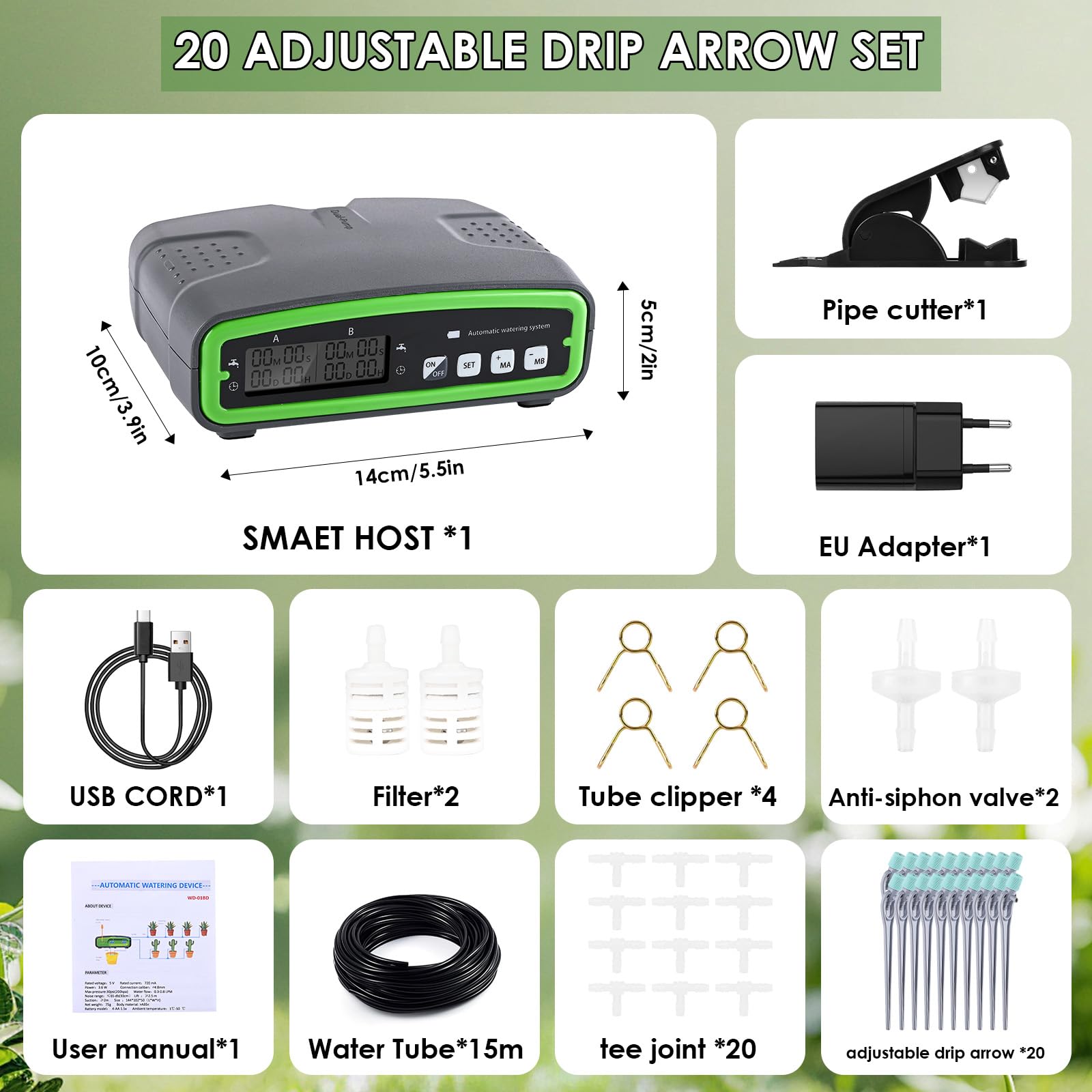 Kit Irrigazione Automatica per Interni, GuKKK Kit di Indipendenza Intelligente di Irrigazione da Giardino con 2 Pompe di Controllo Indipendenti e Tubo Flessibile da 15 m, 20 Piante in vaso