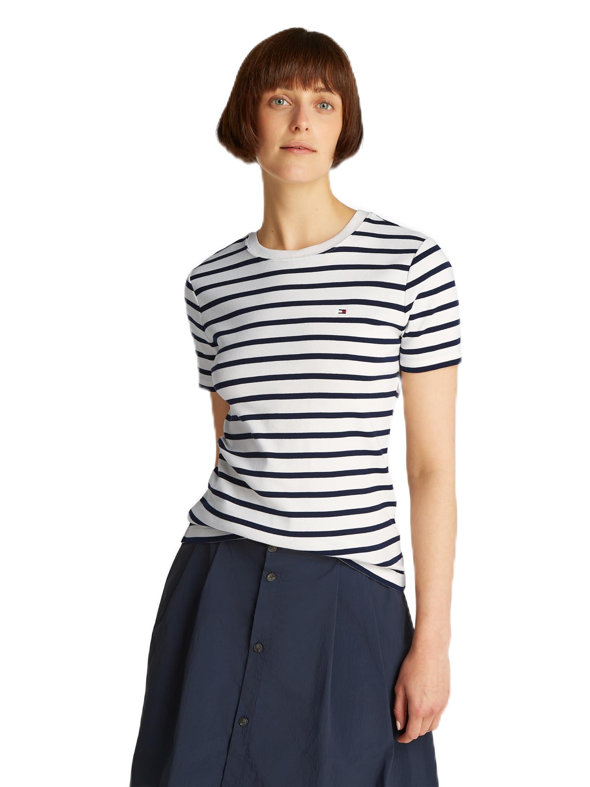Tommy Hilfiger Damen T-Shirt Kurzarm Slim Cody Rundhalsausschnitt, Mehrfarbig (Breton Dark Night Navy STP), L