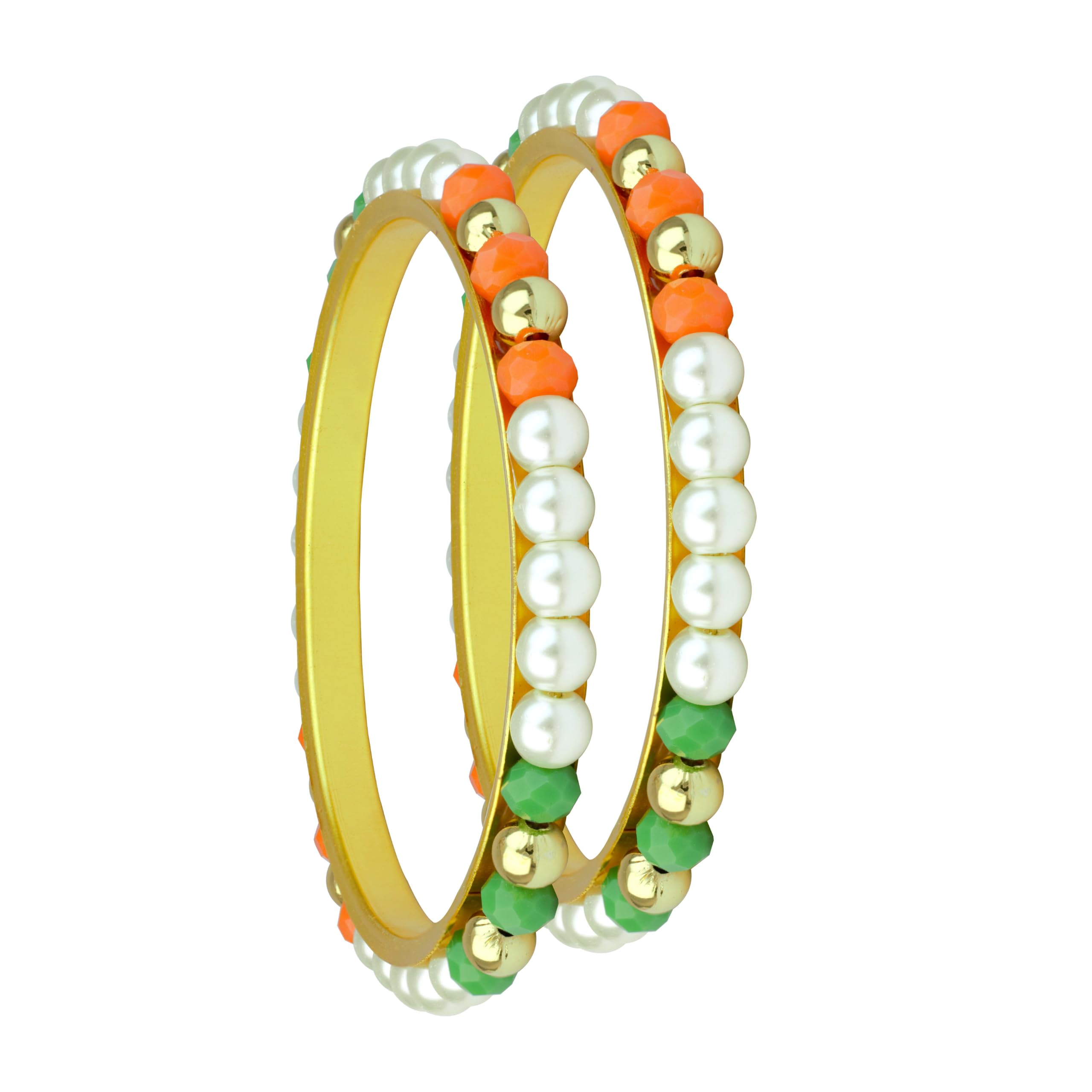 Jewellery for Less Independence Day & Republic Day Tricolor Pearl Beaded Bangle Set for Women (Pack of 2) | Gold Plated Bangles with Green White Orange Crystal Beads | Patriotic Ethnic Traditional Kada | Festival Jewellery-image-20