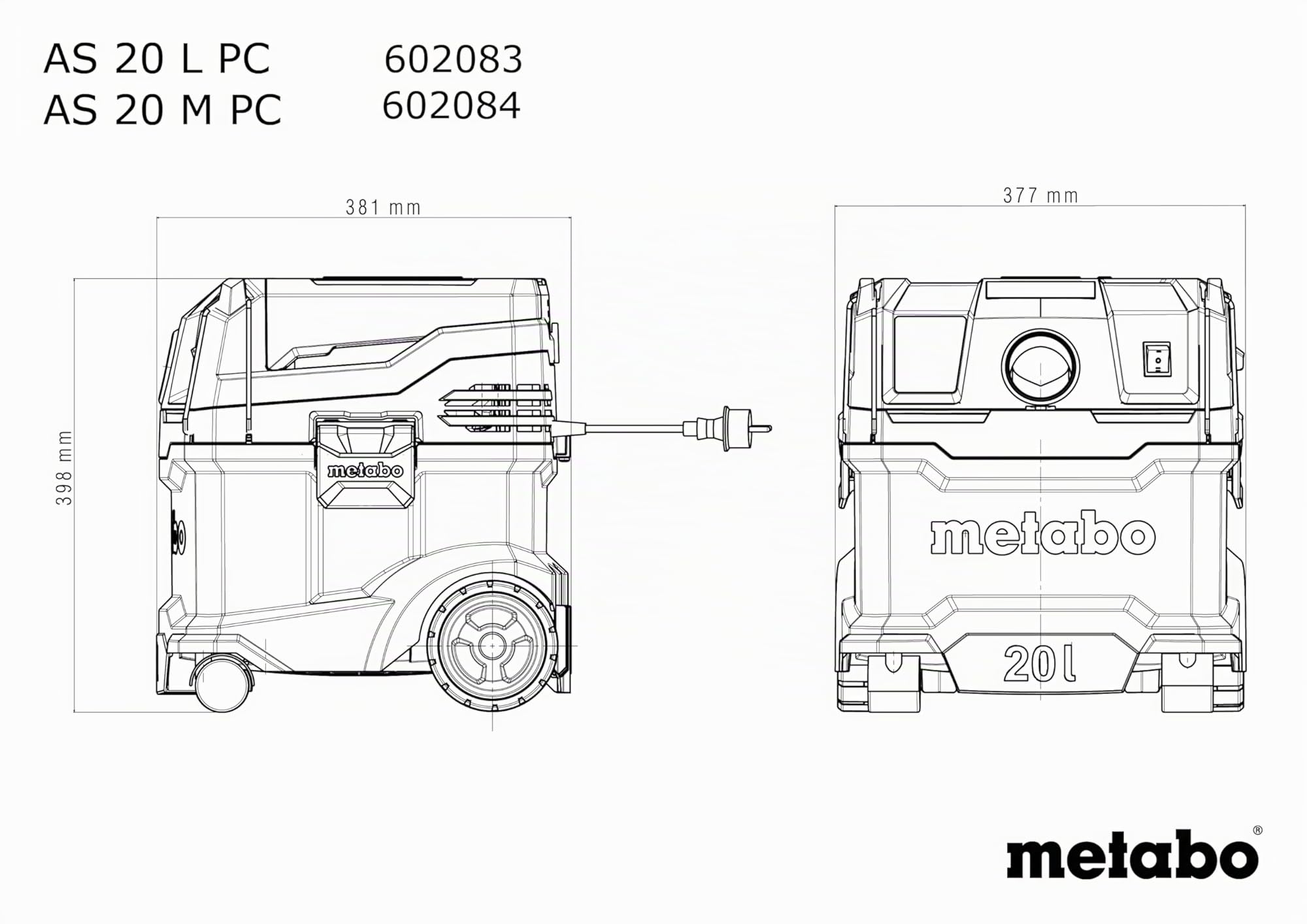 metabo AS 20 L PC, Aspirador Seco y Húmedo de 20l con PressClean | Incluye juego de accesorios, manguera, tubos y boquillas, diseño ligero para uso móvil en obras y talleres, Clase L