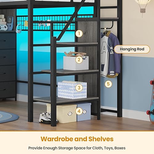 Miniatura 8 de ADORNEVE Cama tipo loft de tamaño individual con escaleras de almacenamiento, 8 cajones, cama alta de metal para niños con luces LED, toma de