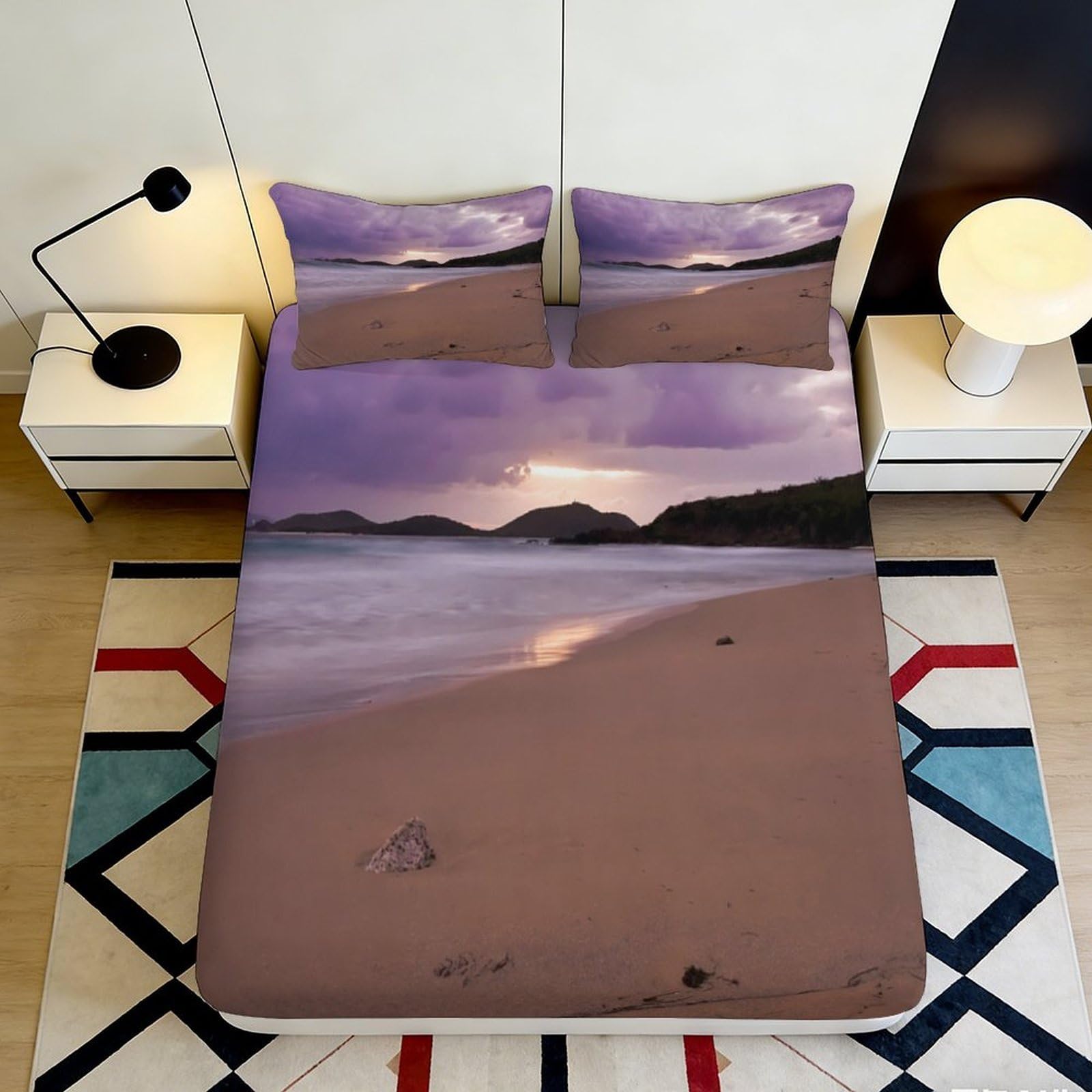 Jqzkxnhpbr Style-4 3D Printed Sunset Beach Fitted Sheet Microfiber Soft Mattress Cover For Bedroom Decor, Ocean Landscape Bed Protection 90X200x25cm