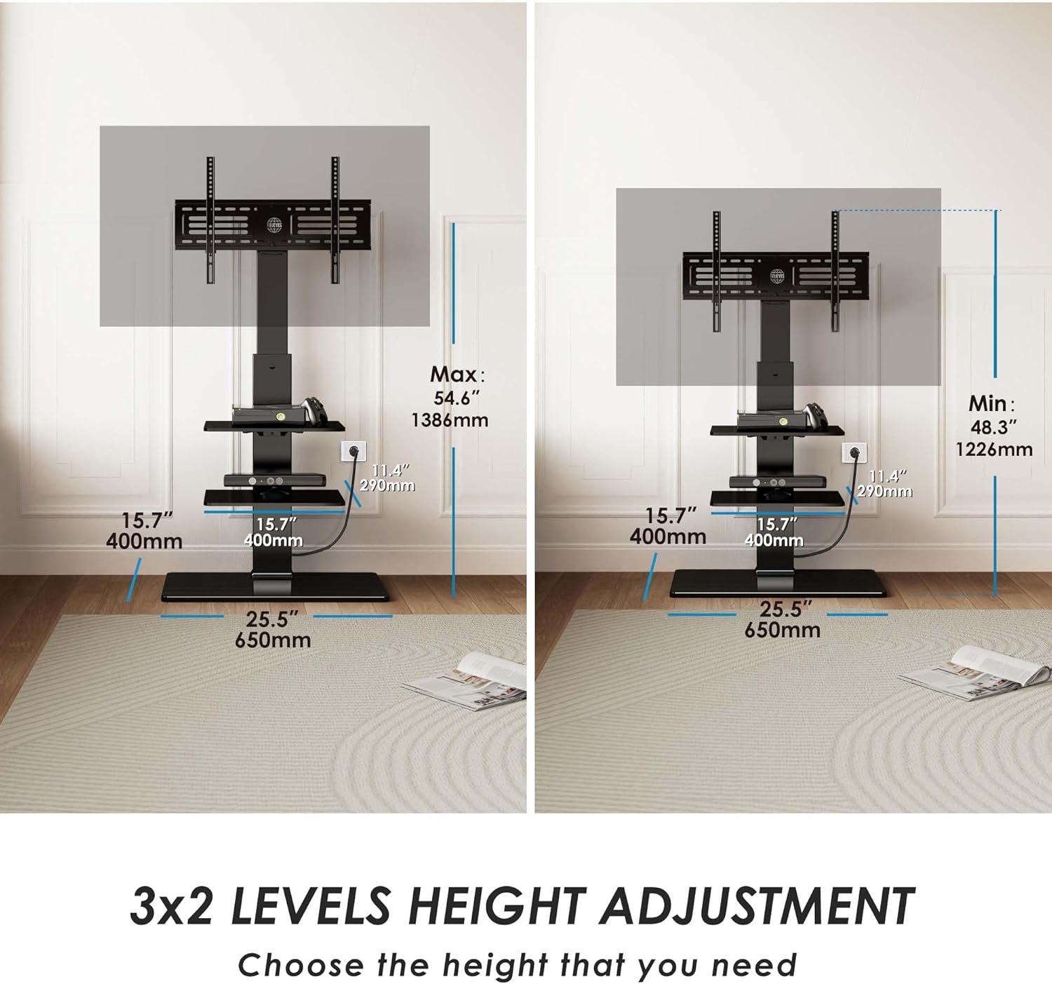 Diagram illustrating the height adjustment range of the TV stand, showing minimum and maximum heights and shelf dimensions.