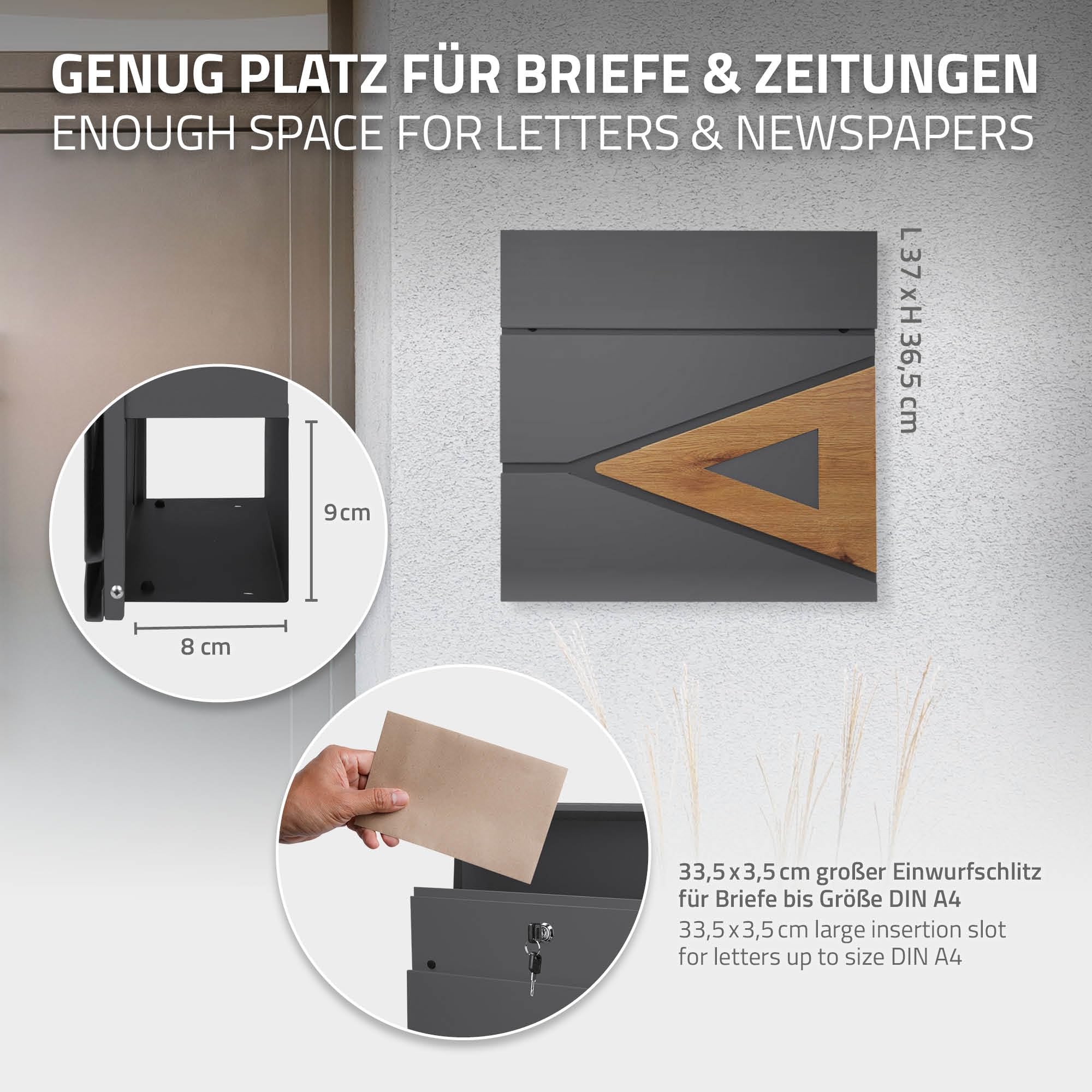 ML-Design Boîte aux Lettres 37x36,5x11 cm Anthracite/Optique Bois, en Acier, Boîte Postale avec Compartiment à Journaux/Courrier, Verrouillable avec 2 Clés, Murale, Design Moderne, avec Porte-Journaux