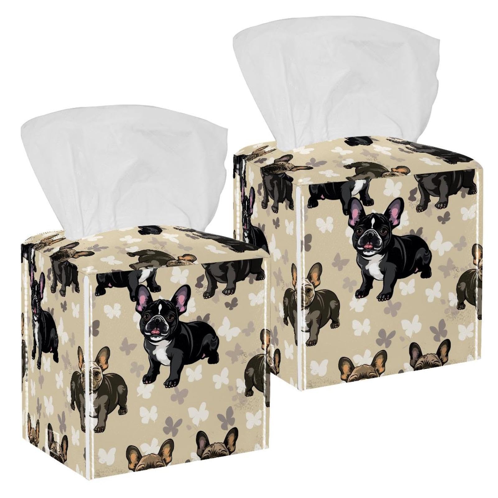 Butterfly Bulldog Tissue Box Cover, 2 Pack PU Leather Square Facial Tissue Dispenser Box holder for Home Office Car