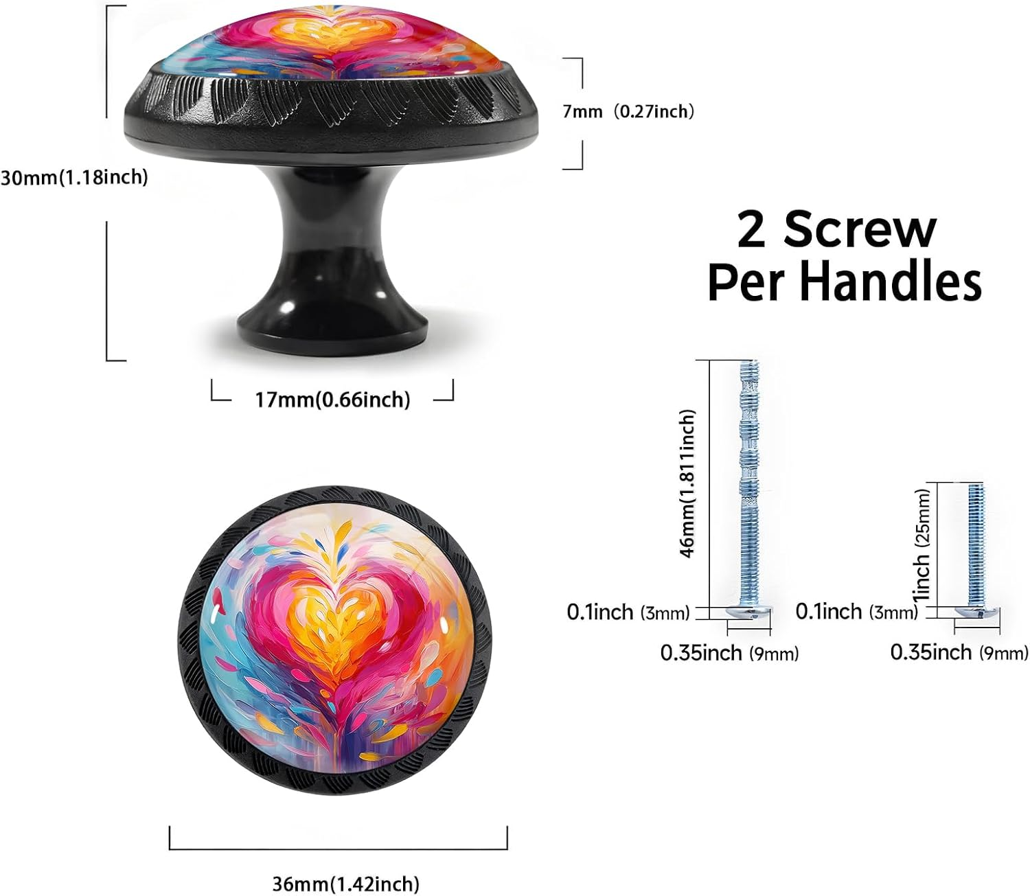 4 Pack Gradient Rainbow Color Heart Cabinet Knobs Round Drawer Pulls Black Dresser Knob Cupboard Door Handles Hardware for Kitchen Bathroom Cabinets