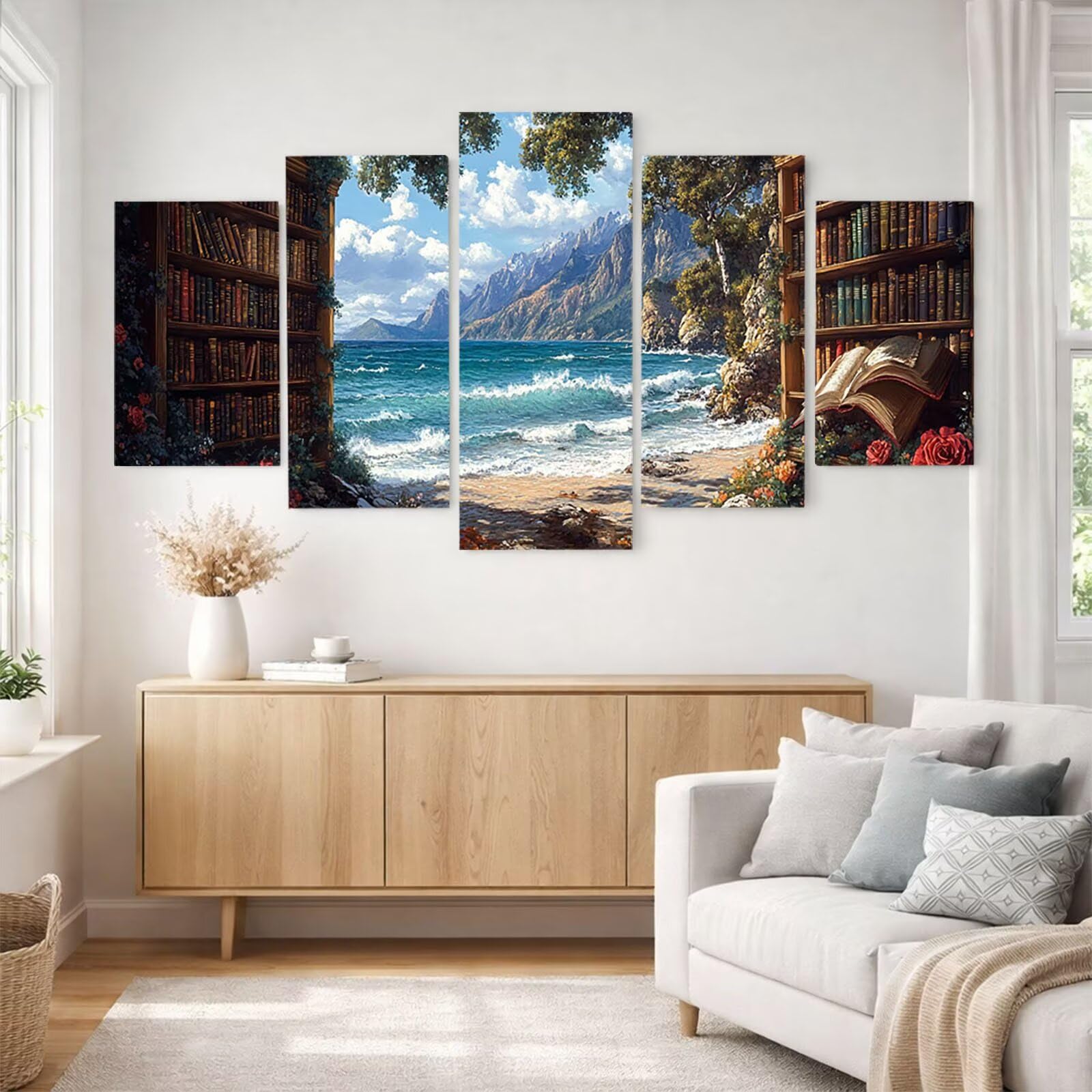 5 Pack Leuchtend Malen Nach Zahlen Erwachsene Meer Drei Größen YCBZ-2881 | DIY Set Erwachsene mit Pinselset Acrylfarben Set Fünf Leinwand zum Bemalen Bücherregal Deko Wohnzimmer Geschenke für Frauen