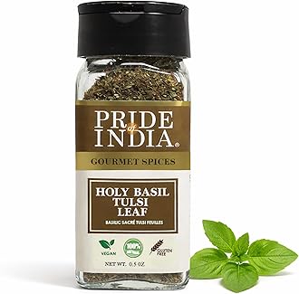 Pride of India – Sweet Holy Basil Leaf – Indian Tulsi Leaf Cut & Sifted – Gourmet Herb – Rich in Nutrients – Ocimum sanctum – GMO Free – Easy to Use – 0.5 oz. Small Dual Sifter Bottle
