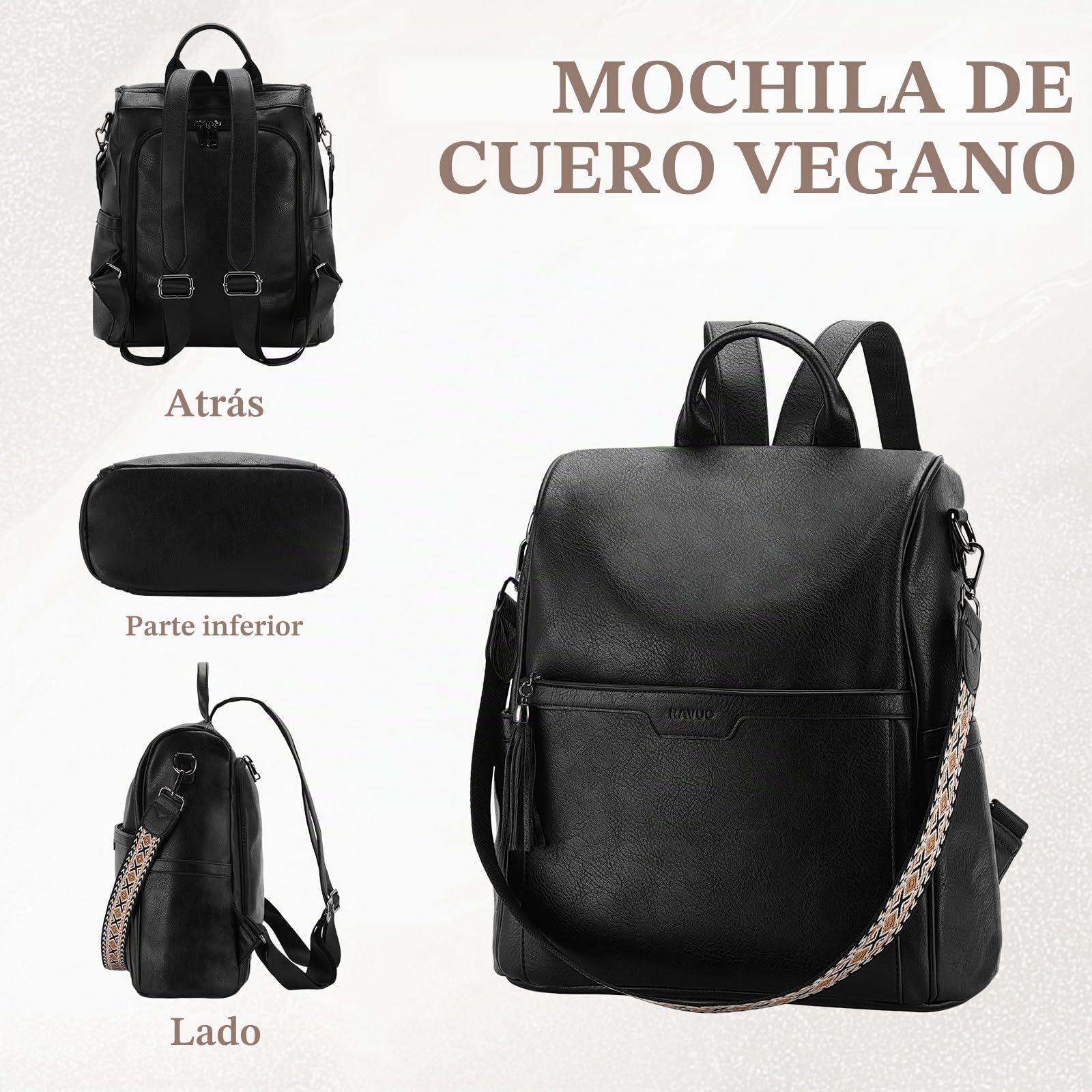 RAVUO Bolso Mochila Mujer, Mochilas Antirrobo de Cuero PU Impermeable 2pcs Set Bolsa de Mano Mochilas Casual para Escuela Viaje Compras,Nergo