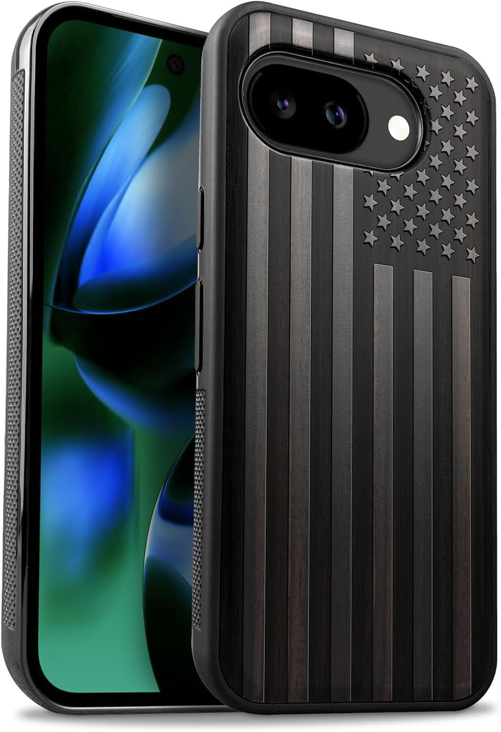 Carveit Magnetic Wooden Case for Google Pixel 10a Case, Wood Artisan Engraved & Soft TPU Shockproof Cover, Compatible with MagSafe Wireless Chargers (The Classic American Flag) Blackwood