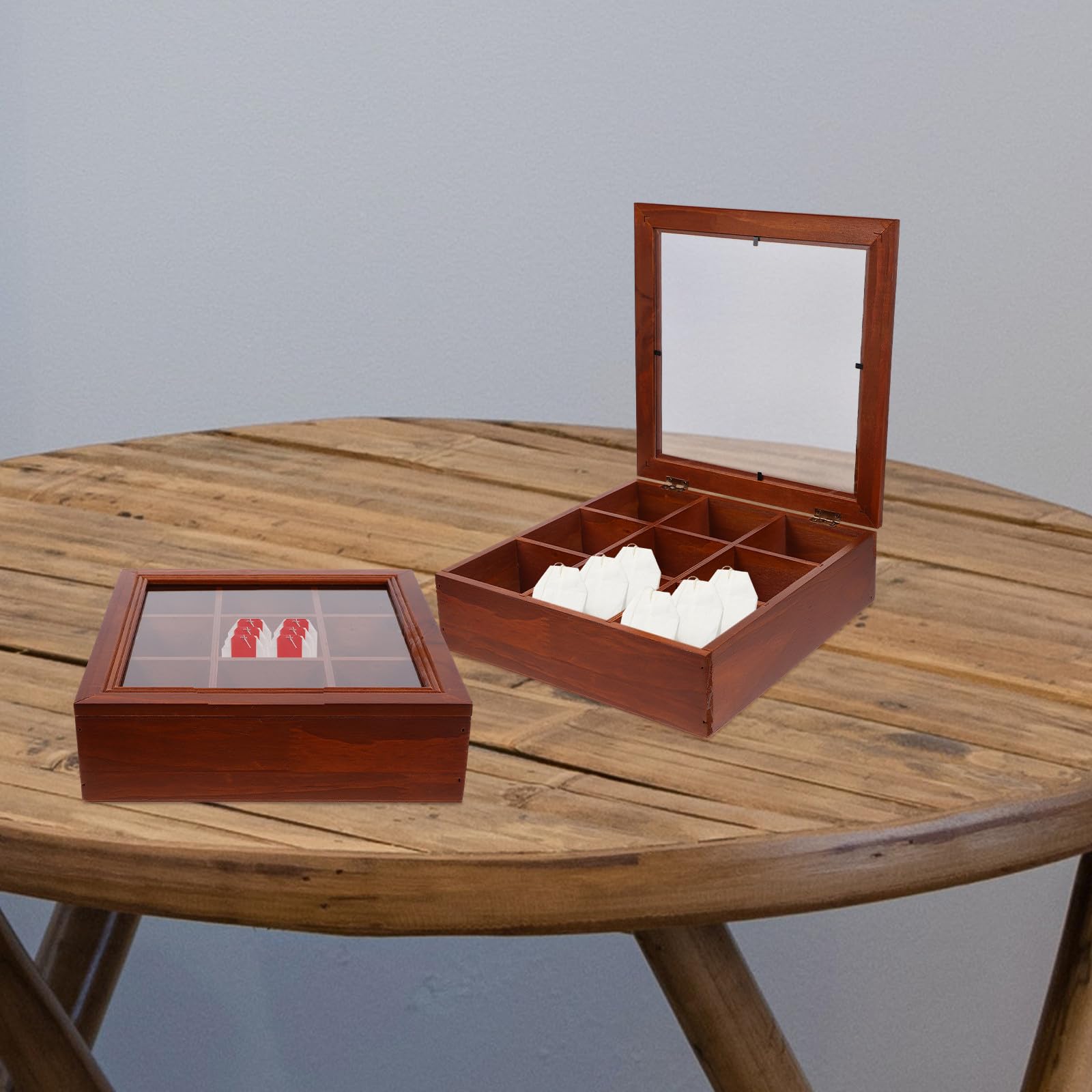PLAFOPE Caja de Almacenamiento de Madera 9 Compartimentos y Ventana Acrílica para Organizar Bolsitas de Té y Paquetes de Café Adecuado para Cafés y Fiestas Reutilizable