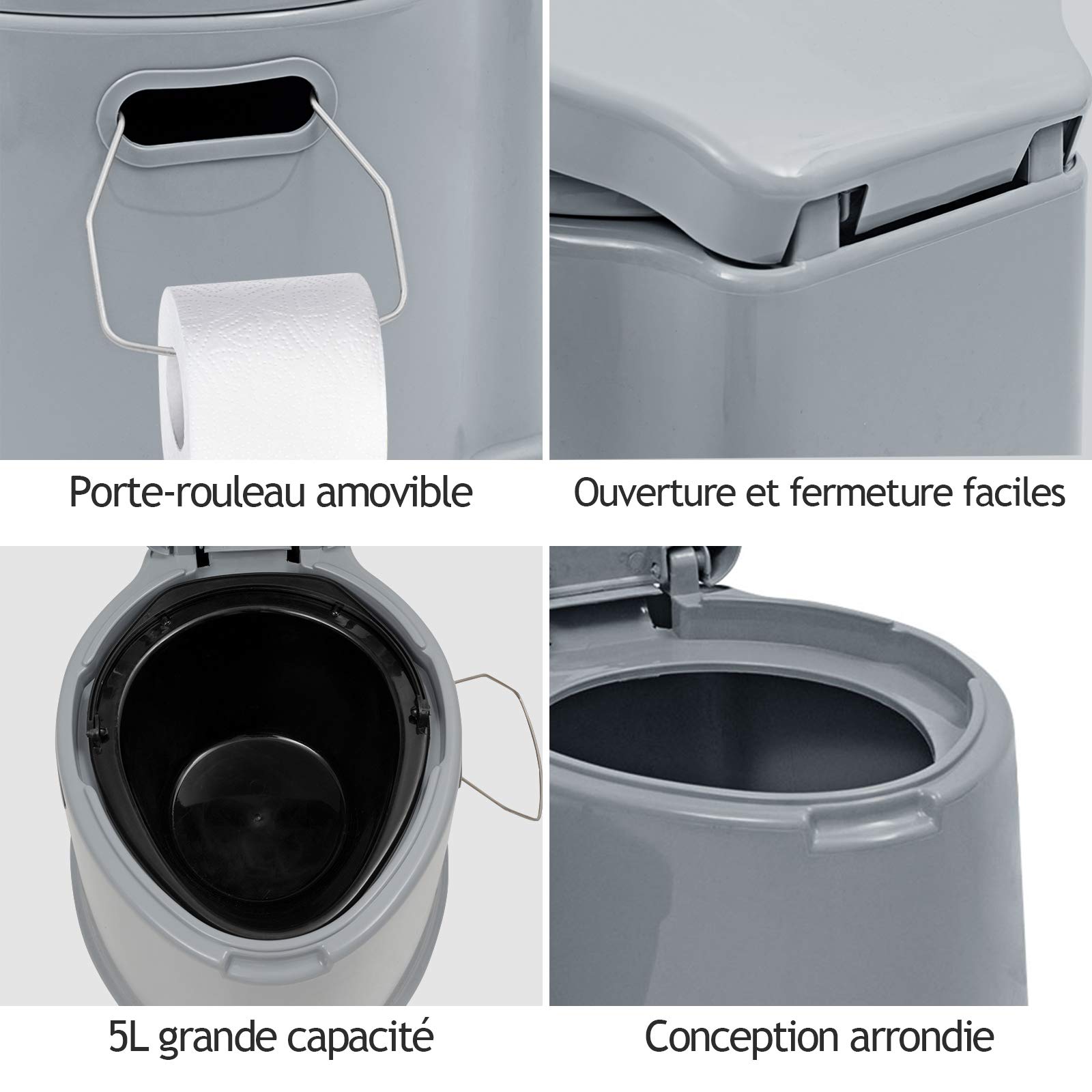 DREAMADE Toilette Portable – 5L Porte Rouleau de Papier Toilette, Utilisation à l’Intérieur et l’Extérieur pour Personnes Agés et Maladies, Voyage pour Caravanes, Campings en Plein Air, Gris et Noir