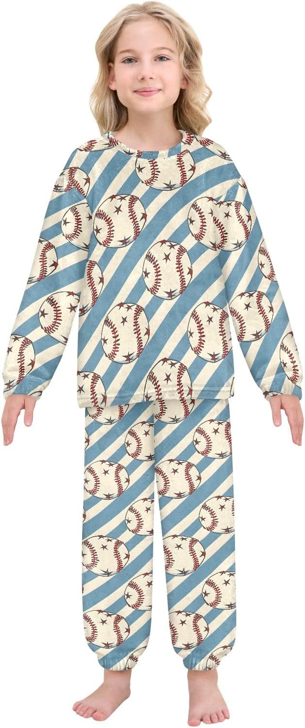 Kids Flannel Sets Baseball Balls Star Blue Stipes Warm Plush Relaxed Clothing for Boys and Girls