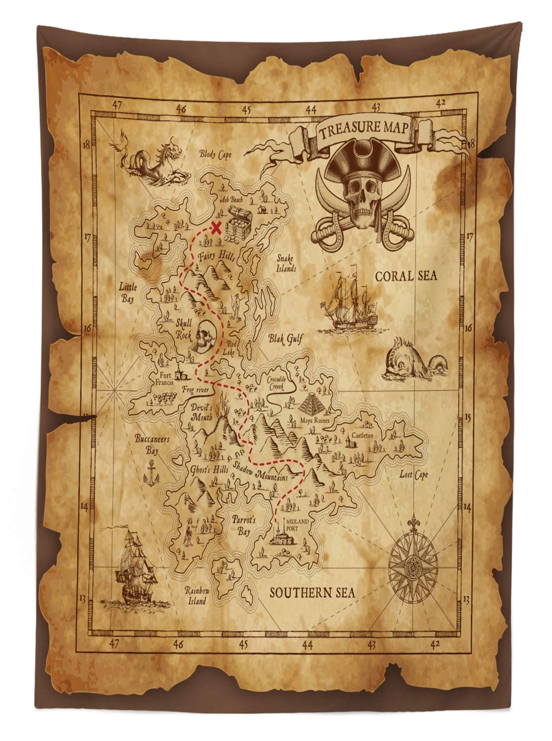 ABAKUHAUS Carta geografica Tovaglia, Antique Mappa del Tesoro, Rettangolare per Sala da Pranzo e Cucina, 140 cm x 170 cm, Brown Marrone Chiaro