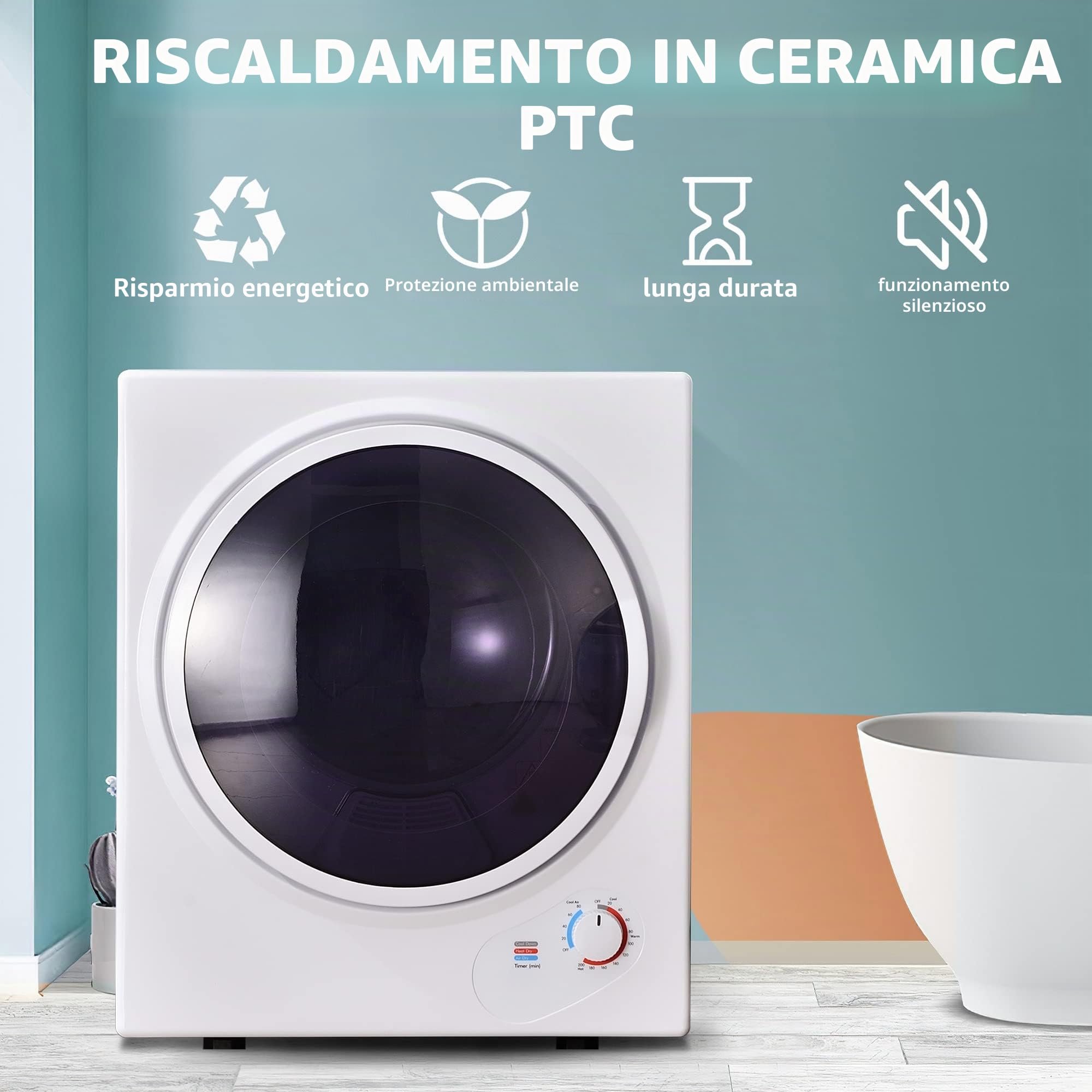 Merax Piccola asciugatrice con protezione da surriscaldamento, montaggio a parete con doppio filtro e timer, 2,5 kg, 850 W, bianco