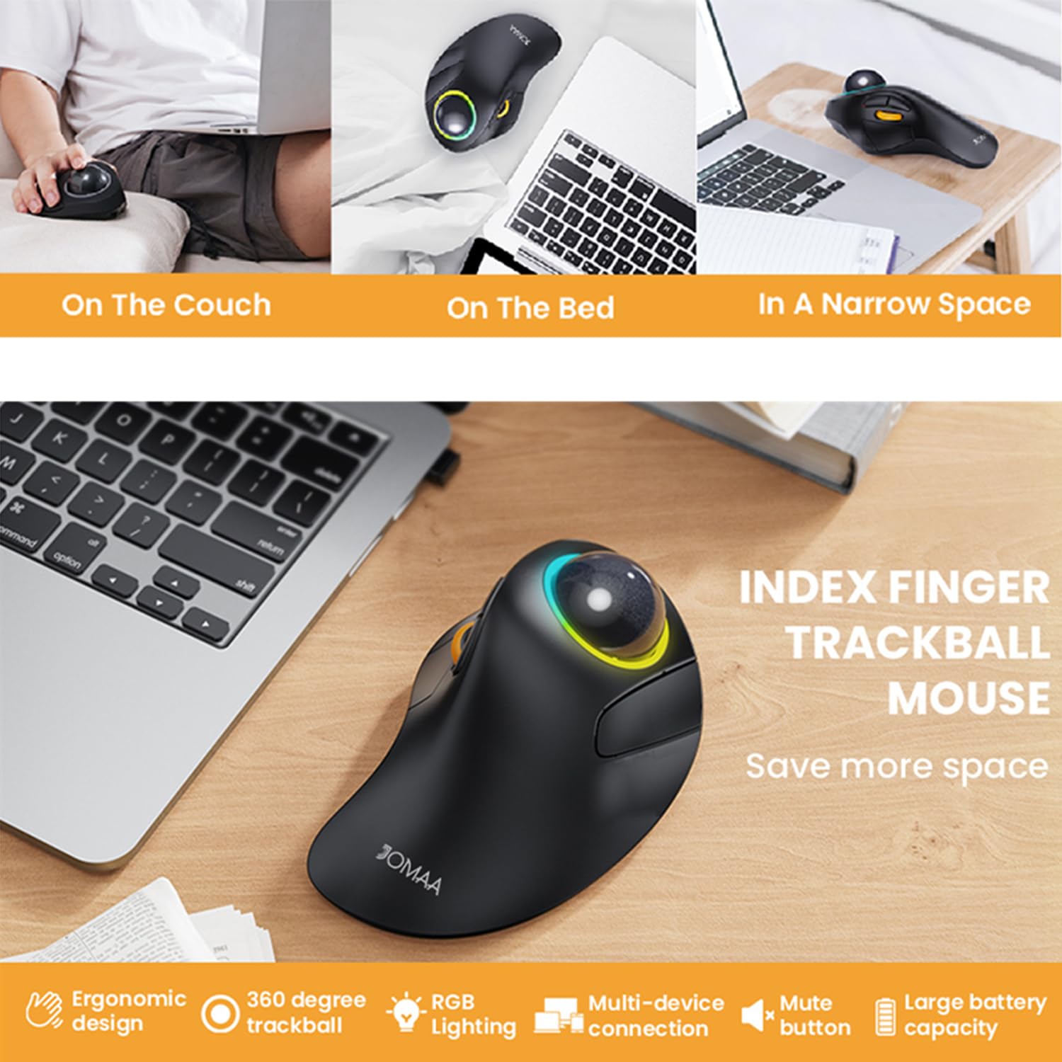 JOMAA Mouse trackball wireless Bluetooth con retroilluminazione RGB, controllo delle dita, interruttore a 3 dispositivi, silenzioso, ricaricabile, ergonomico, per ufficio, laptop, computer desktop