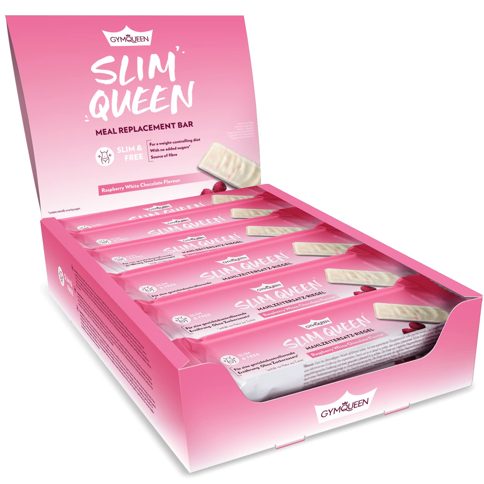 GymQueen Slim Queen Bar 12x60g, barretta sostitutiva del pasto, solo 200 kcal per porzione, con vitamine e nutrienti essenziali e ben 15g di proteine per barretta, Cioccolato bianco al Lampone