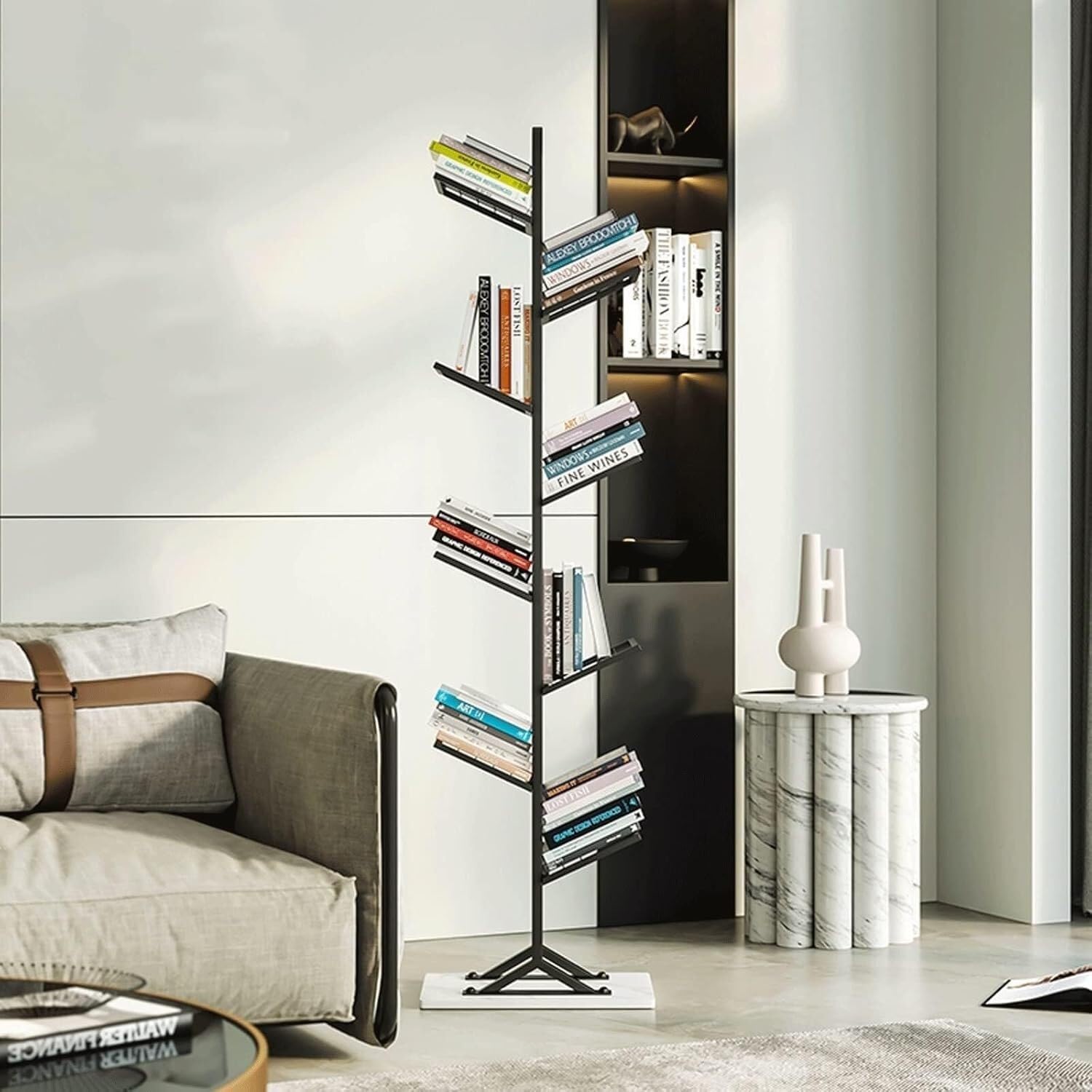 Porte-revues, étagère à Magazines en métal de Style Nordique, bibliothèque Murale créative sur Pied, présentoir de Rangement pour Chambre d'étudiant (Noir, 45 x 24 x 130 cm)