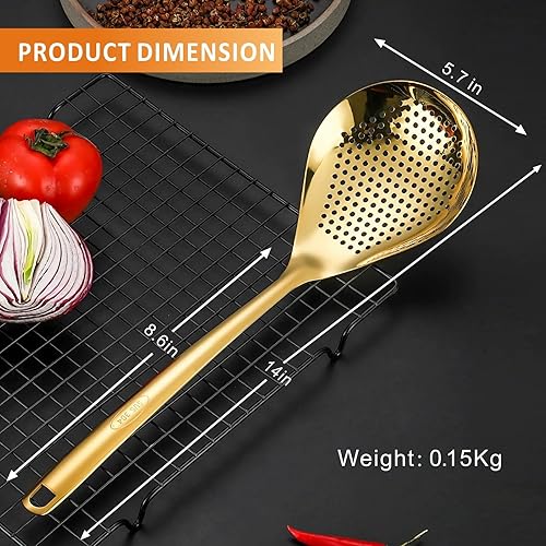 Vista 2 de Cuchara ranurada grande dorada para servir, juego de acero inoxidable 304, cuchara de sopa de acero inoxidable, cucharón de salsa de metal, cuchara