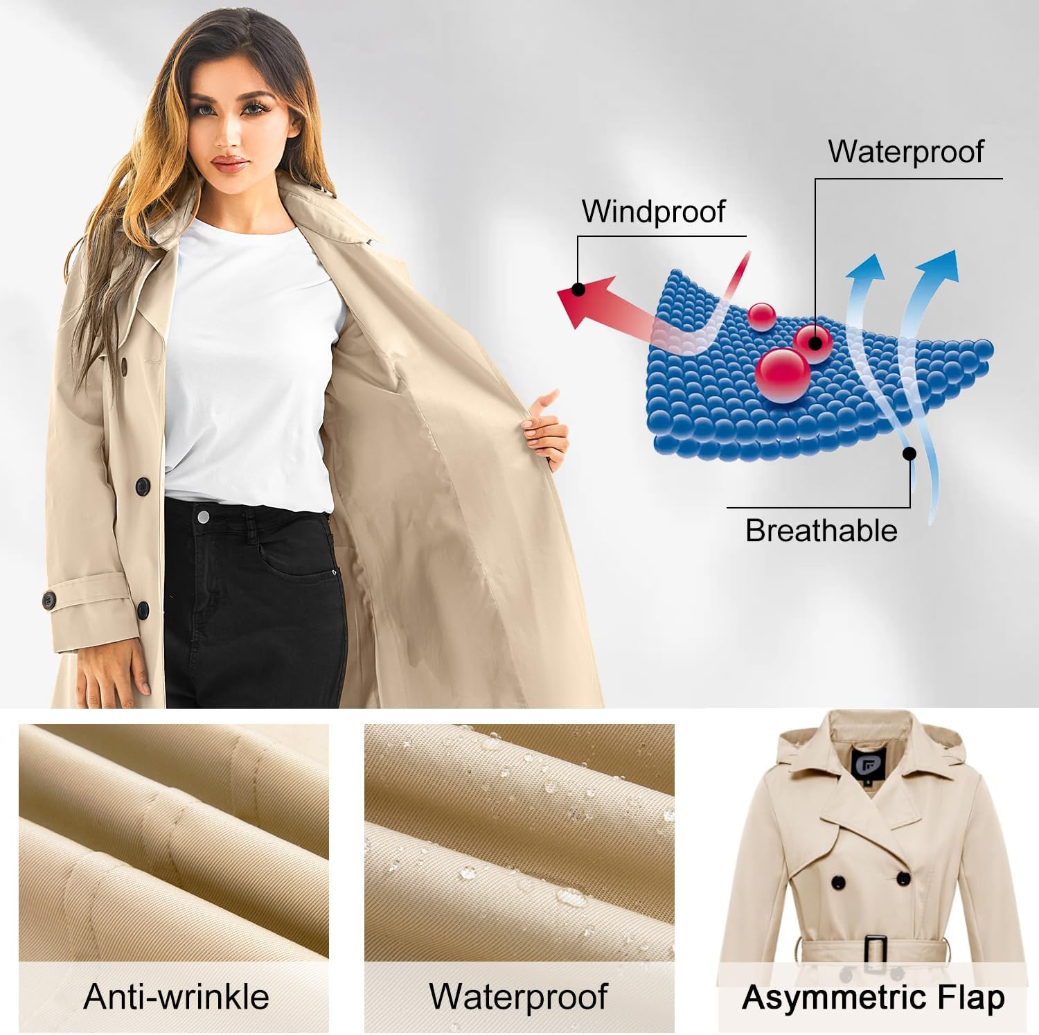 FARVALUE Women's Waterproof Trench Coat Long Double Breasted Windbreaker Classic Belted Lapel Overcoat with Removable Hood - Image 5