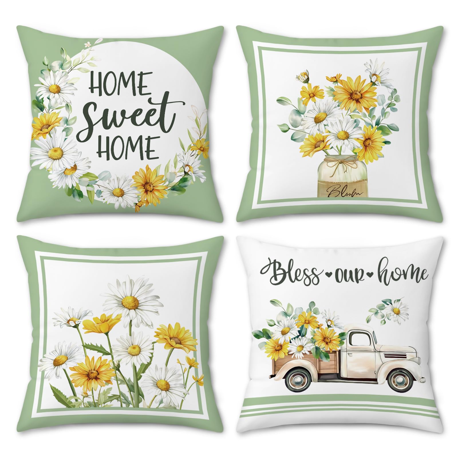 Bonhause Spring Flower Cushion Covers 45 x 45 cm Home Sweet Home Floral Truck Farmhouse Decorative Pillow Covers for Sofa Bed Garden Patio Decor Set of 4