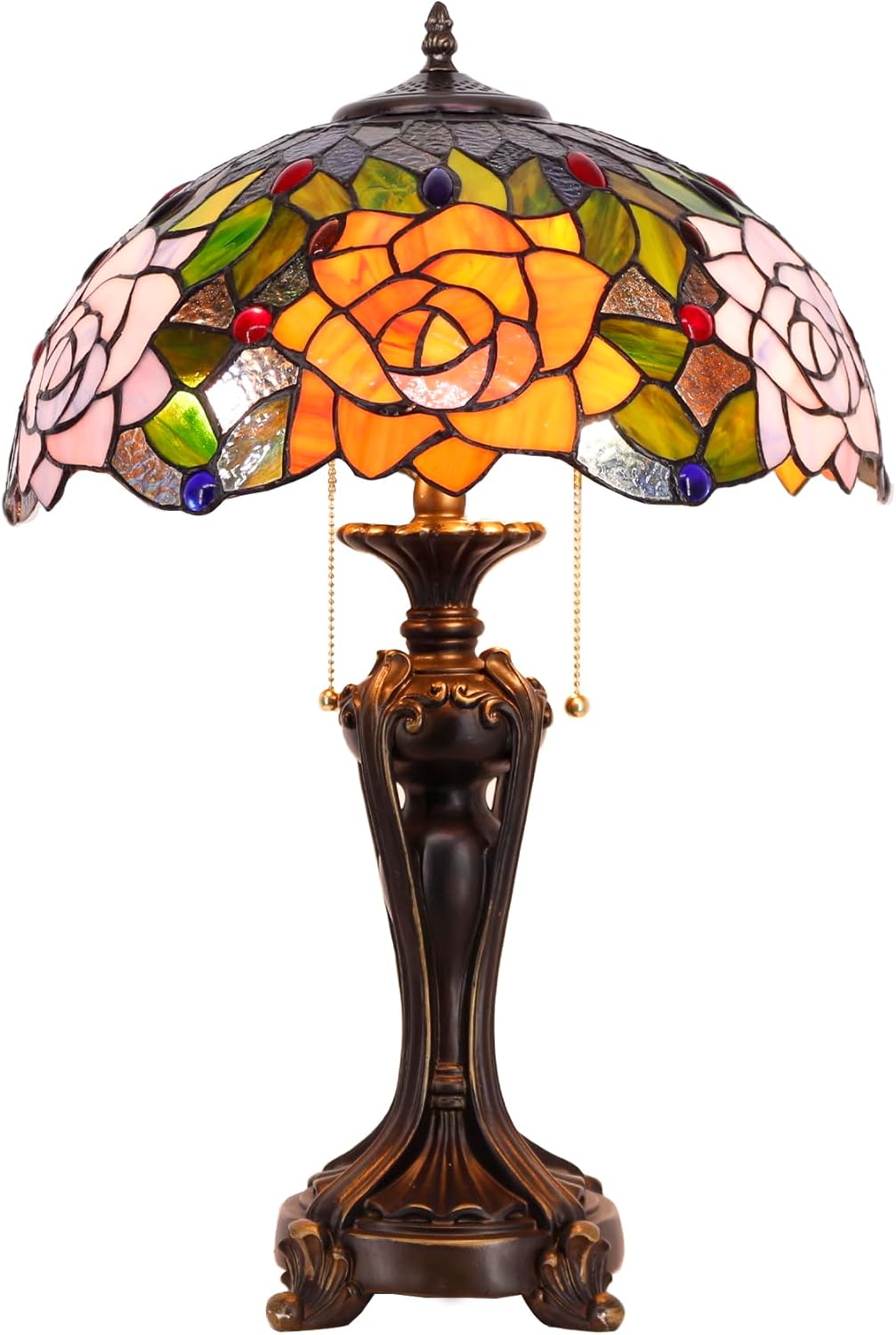 Tiffany Lamp(2 Lights) Stained Glass Table Lamp Bedside Desk Reading Light 16X16X24 Inch Decor Bedroom Living Room Home Office (Purple Orange Rose)