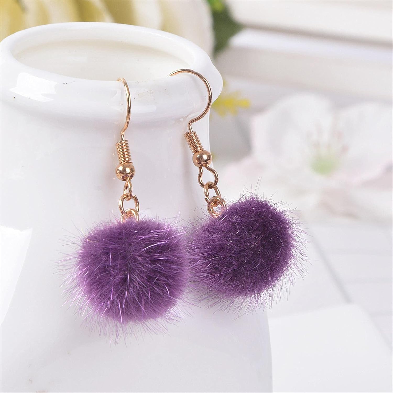 Fluffy Faux Fur Ball Earrings Colorful Pom Pom Dangle Earring Bohemia Ethnic Handmade Plush Ball Drop Earring for Women Thanksgiving Christmas Jewelry - Image 4