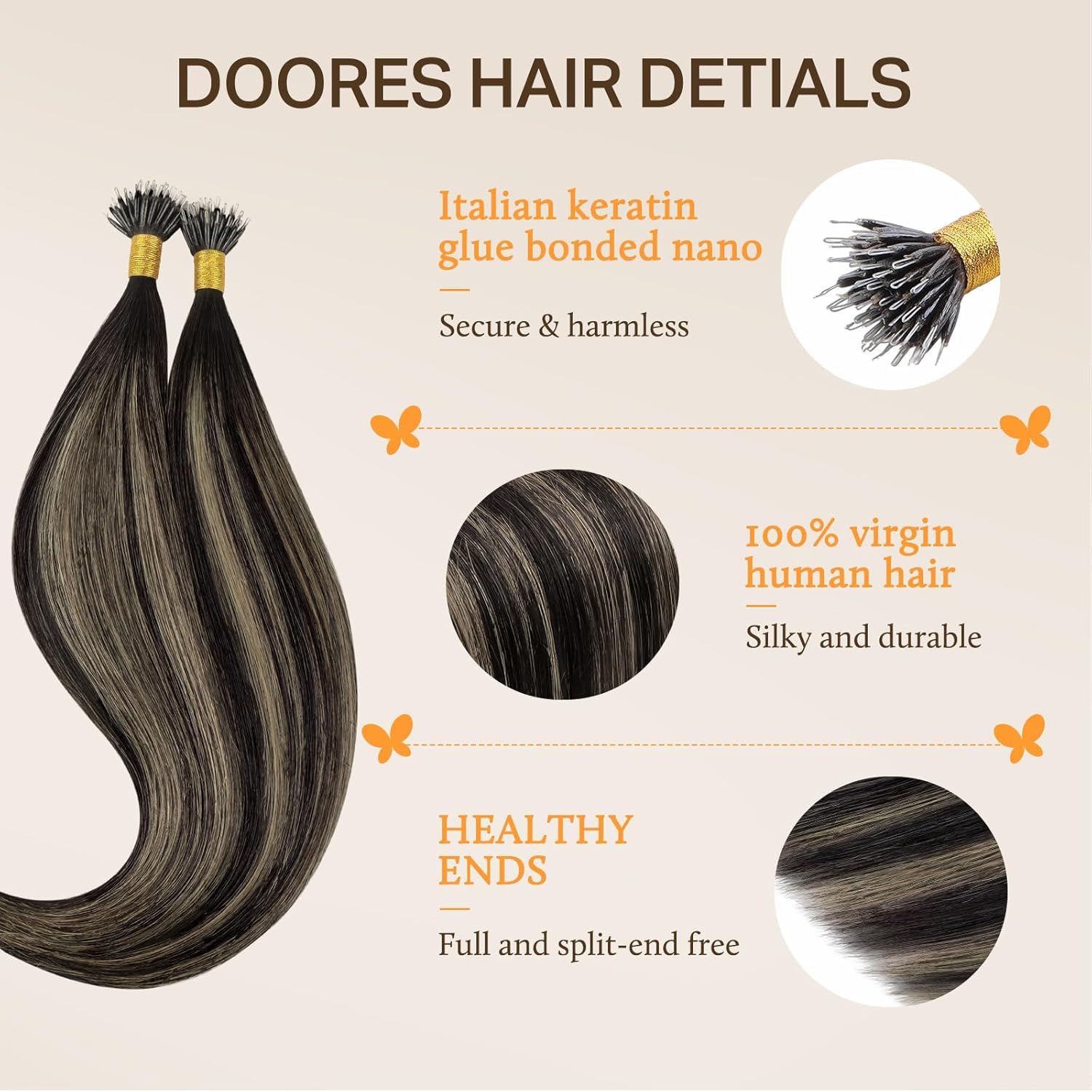 DOORES Nano Ring Hair Extensions, 18 Inch 100g 100s Natural Black to Light Blonde, Remy Human Nano Beads Hair Extenisons Full Head - Image 3