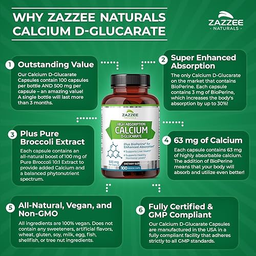 Miniatura 7 de Zazzee D-glucarato de calcio de alta absorción, 500 mg por cápsula, 3 mg de BioPerine para una mayor absorción, 100 cápsulas veganas, más extracto