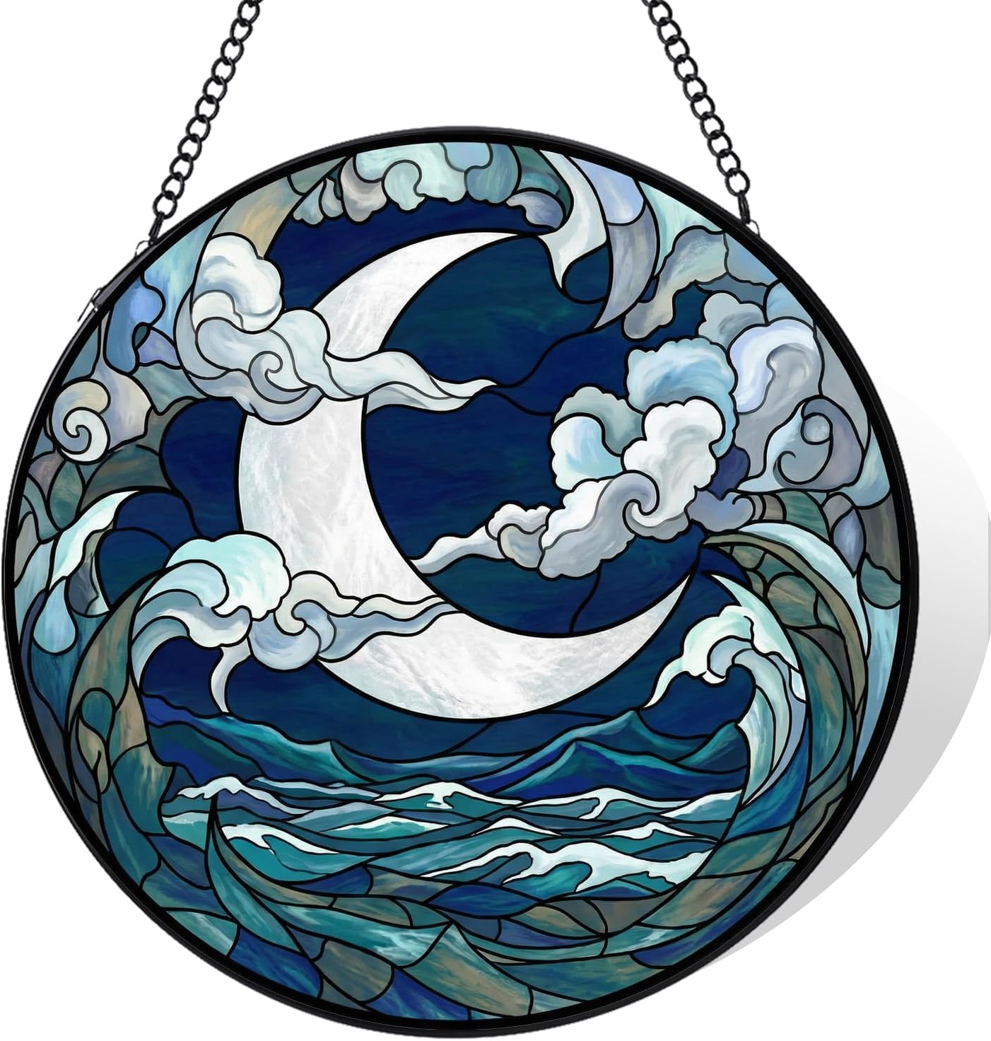 Stained Glass Window Hanging, Moon Clouds Suncatchers Glass, Blue Sun Catcher Decoration Wall Decor for Garden, Birthday
