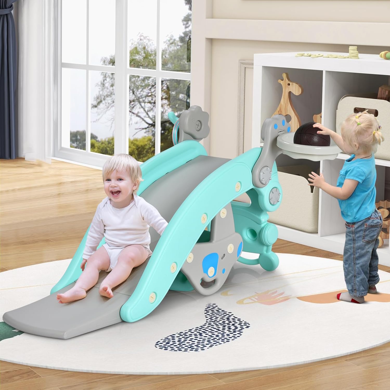 HONEY JOY Toddler Slide Rocking Toy, 6 in 1 Convertible Freestanding Slide for Kids w/Basketball Hoop/Ring Toss Game/Rocking Horse/Stool, Foldable Baby Climber Playground Slide for Indoors Outdoors