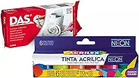 DAS & Acrilex Kit Massa para Cerâmica Fria 500g + 6 Tintas Acrílicas Neon 10ml cada