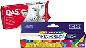 DAS & Acrilex Kit Massa para Cerâmica Fria 500g + 6 Tintas Acrílicas Neon 10ml cada
