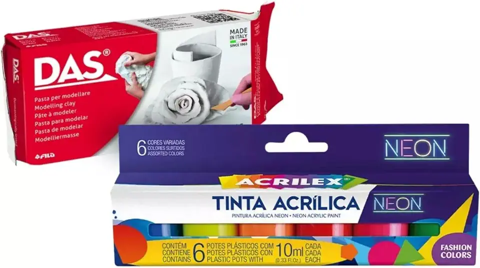 DAS & Acrilex Kit Massa para Cerâmica Fria 500g + 6 Tintas Acrílicas Neon 10ml cada