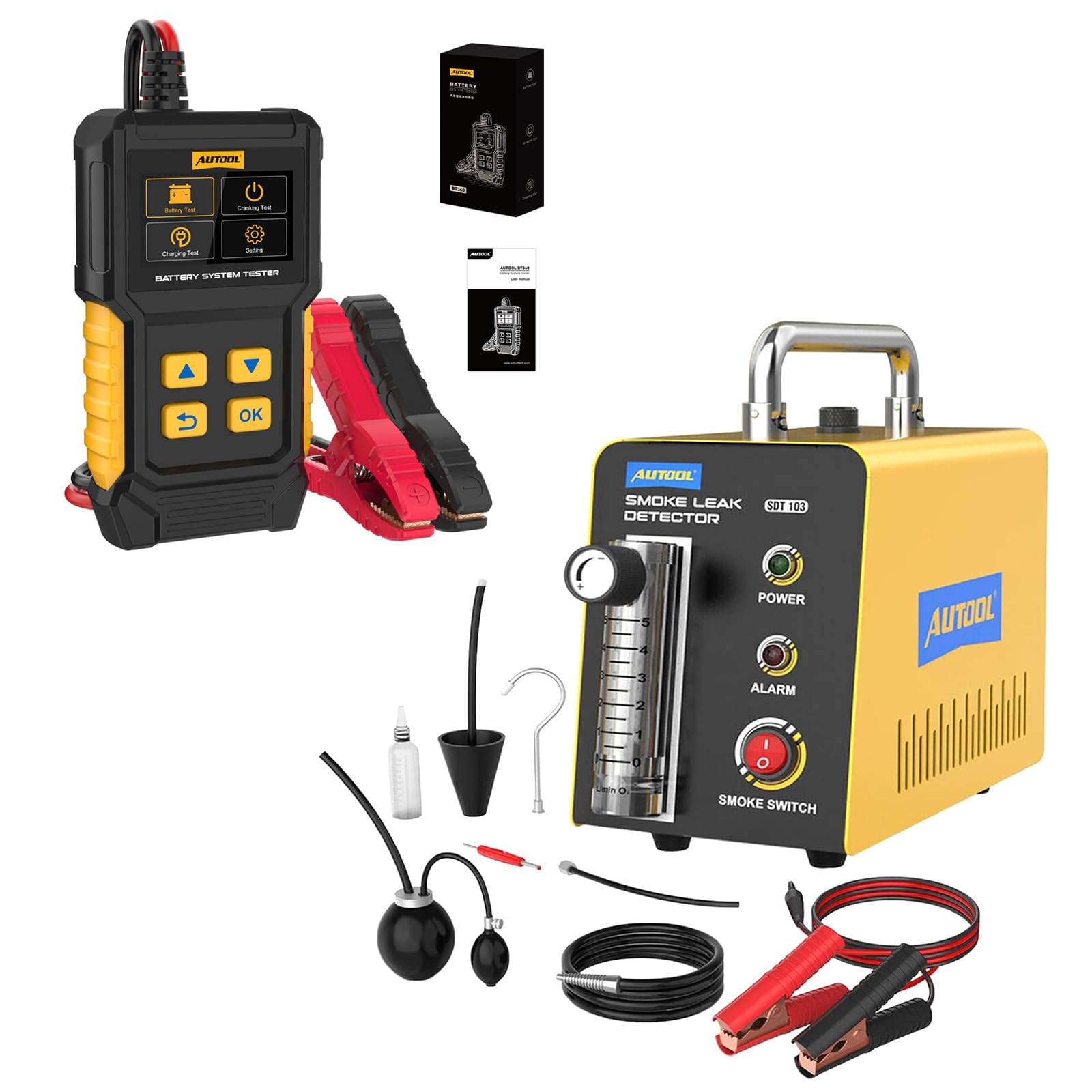 AUTOOL SDT103 Máquina de Humo & BT360 Comprobador de Batería Set, Detector de Fugas de Automóviles, Probador de Diagnóstico de Evap al Vacío, Detector de Combustible de Tubería Compatible con Vehículo