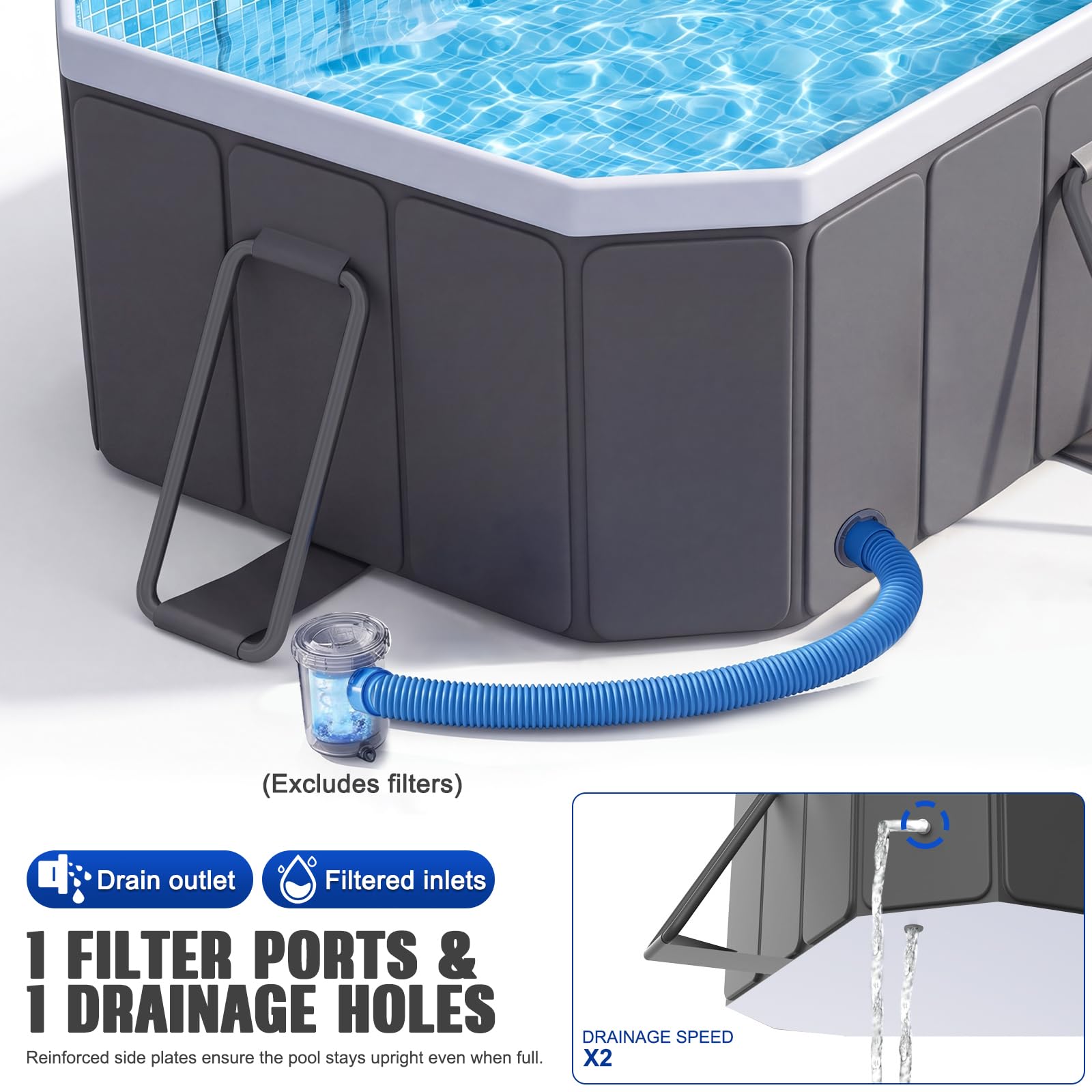 Piscina grande para perros grandes, tamaño exterior 200 x 135 x 50 cm, piscina plegable de lado duro con marco de acero, piscina no inflable para mascotas, fácil drenaje, puerto de filtro, gris