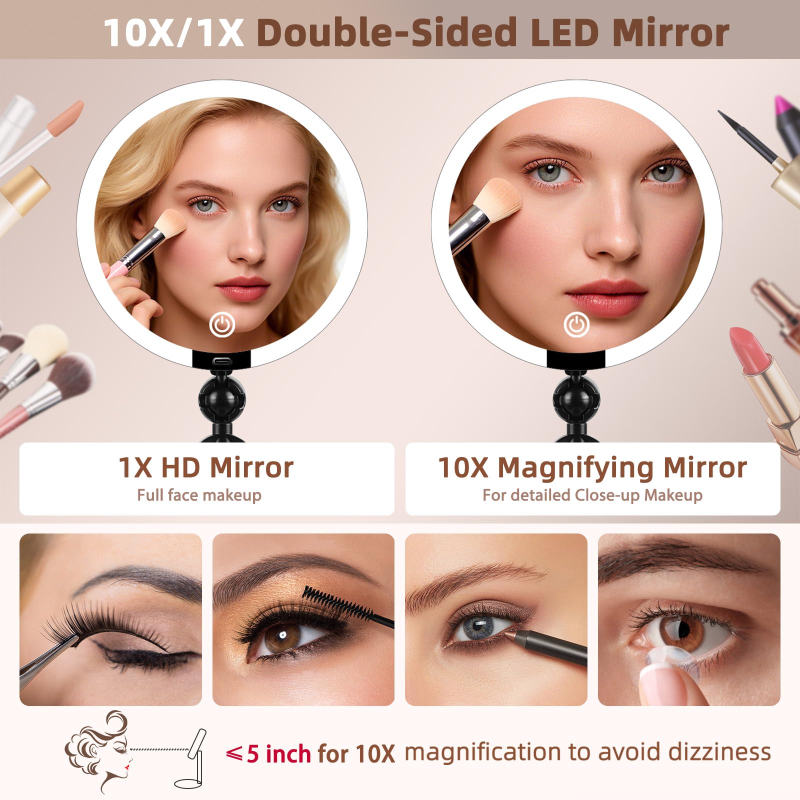 Doppelseitiger Vergrößerungsspiegel mit faltbarem Ständer und Tablett, 15,2 cm (6 Zoll), Schreibtisch-Make-up-Spiegel mit Licht, 10-fache Vergrößerung für Nahaufnahmen, 30-facher