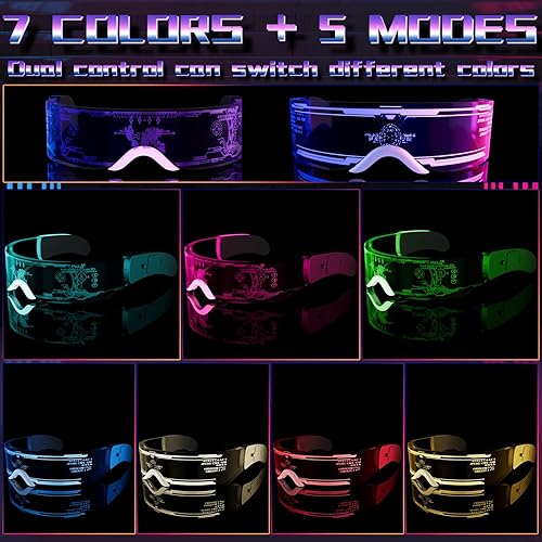 Miniatura 2 de Tanganan Gafas de visera LED, 2 gafas de luz LED, gafas luminosas de neón, 7 colores, 5 modos, gafas LED geniales para adultos