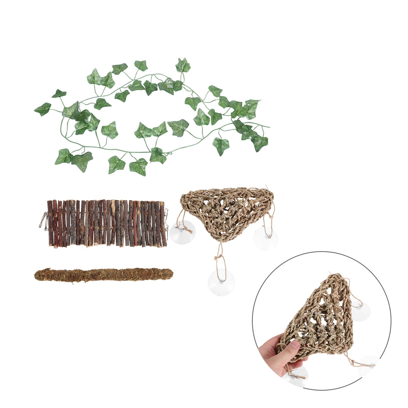 Abaodam Set 4 Pezzi Accessori per Terrario Rettile Ponte in Legno, Amaca e Ponte Sospeso per Arrampicata Serpenti e Lucertole, Decorazioni Piante Finte per Abbellimento e Stimolazione