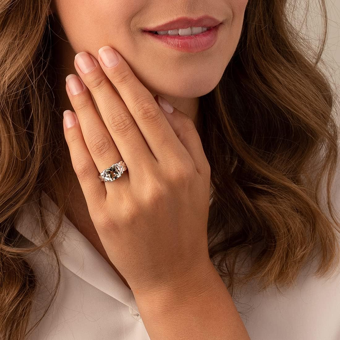 PEORA Green Amethyst Ring for Women 925 Sterling Silver, Designer Criss-Cross Solitaire, Natural Gemstone, 2 Carats Radiant Cut 9x7mm, Comfort Fit, Size 7, Cocktail, Promise, Engagement Ring,