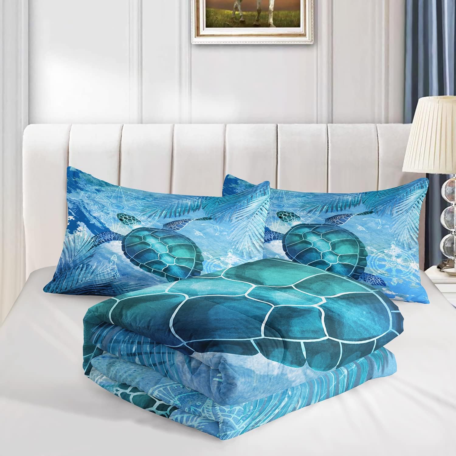 CVHOUSE Sea Turtle Bedding Set,Sea Turtle Comforter Full,Ocean Bohemia Comforter Set for Boys Kids Girls,Ocean Quilt Set with 1 Comforter and 2 Pillow Cases