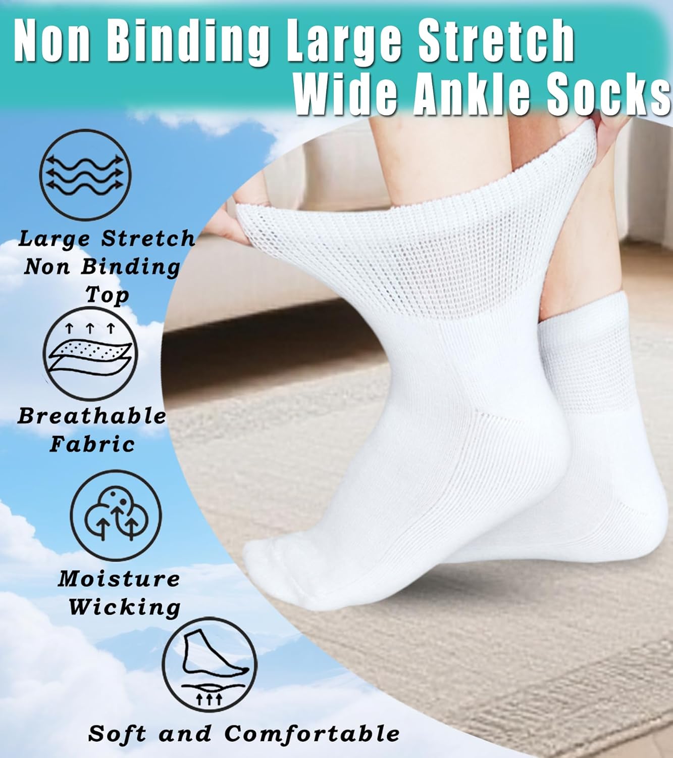 Men's Diabetic Socks Extra Width for Swollen Wide Feet,Neuropathy,Bariatric,Non Binding Loose Fit Ankle Sock 6 Pairs - Image 2