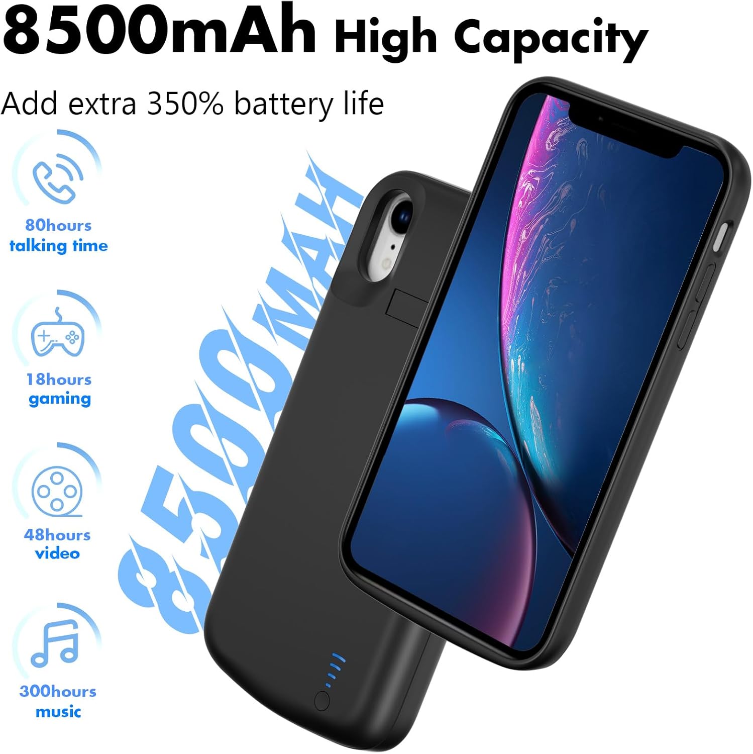 Battery Case for iPhone XR, Real 8500mAh Protective Phone Charging Case with Kickstand Ultra-Slim Rechargeable Extended Battery Charger Cover - 6.1 inch Black